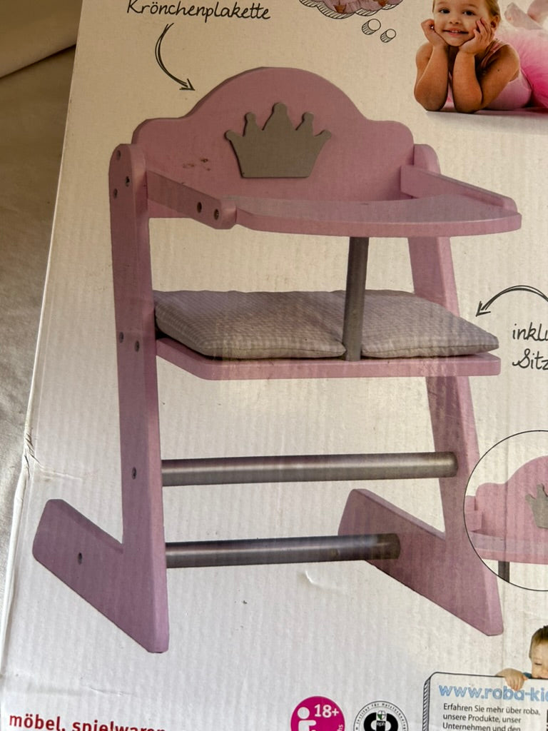 Doll high chair 'Princess Sophie', for dolls & baby dolls, pink / silver with cr