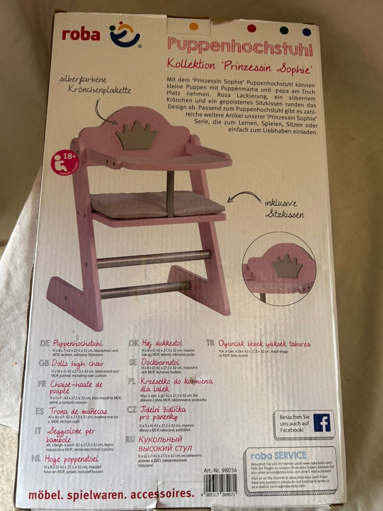 Doll high chair 'Princess Sophie', for dolls & baby dolls, pink / silver with cr