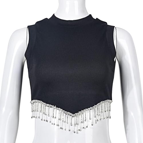 Womens Fringe Sexy Tnak Top Tassel Sleeveless Racer Back Crew Neck Cotton Comfort Curvy Fit Hipster Crop Tops for Dancing in Party Club Nightout Cocktail