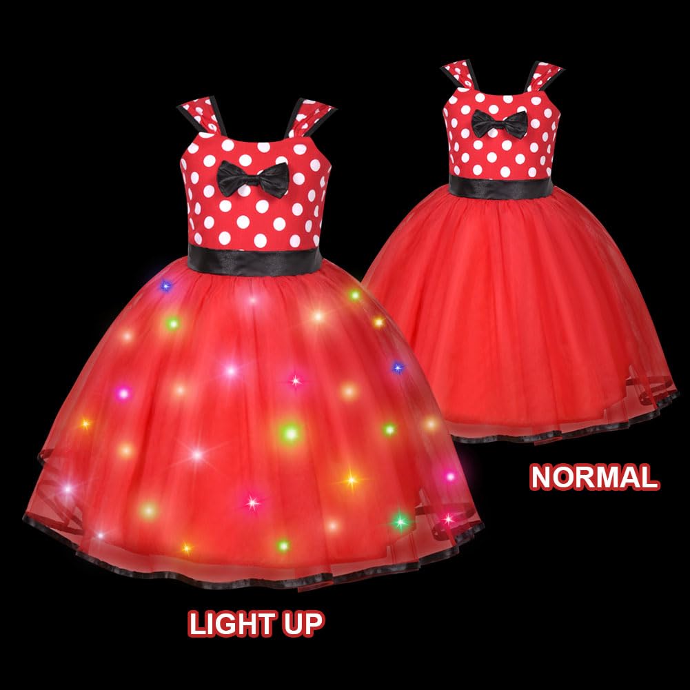 ACWOO Light Up Princess Costumes for Girls, Minnie Princess Costume for Toddler Girl, 4 Minnie Polka dot Fancy Dress Up Costume with Ear Headband, Nose, Tail, Carnival Halloween Birthday Party Cosplay