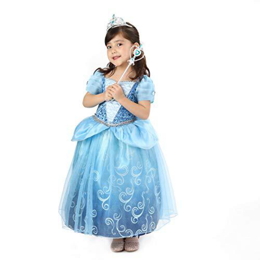 Girls Deluxe Cinderella Princess Fancy Dress with Tiara and Wand for Girls Hallo