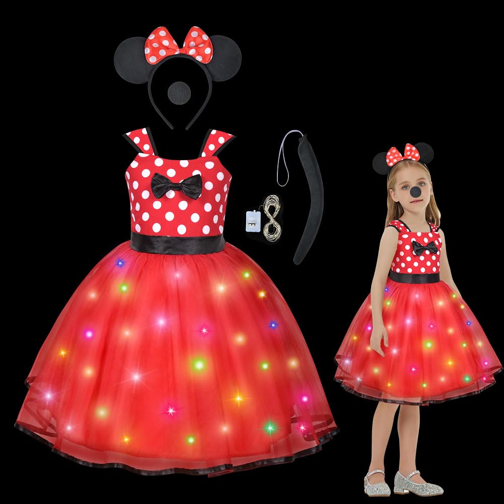 ACWOO Light Up Princess Costumes for Girls, Minnie Princess Costume for Toddler Girl, 4 Minnie Polka dot Fancy Dress Up Costume with Ear Headband, Nose, Tail, Carnival Halloween Birthday Party Cosplay