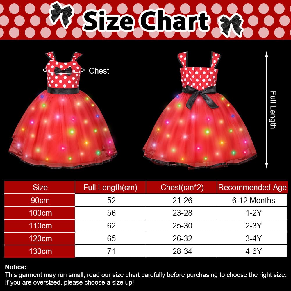 ACWOO Light Up Princess Costumes for Girls, Minnie Princess Costume for Toddler Girl, 4 Minnie Polka dot Fancy Dress Up Costume with Ear Headband, Nose, Tail, Carnival Halloween Birthday Party Cosplay