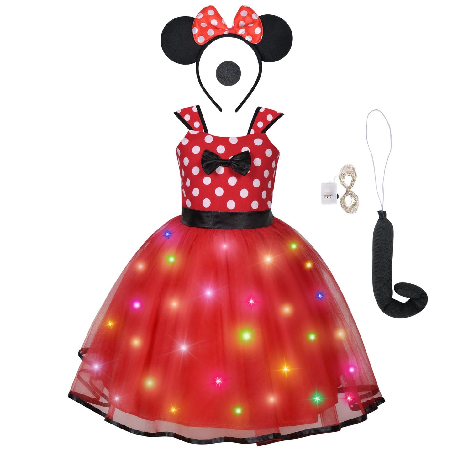 ACWOO Light Up Princess Costumes for Girls, Minnie Princess Costume for Toddler Girl, 4 Minnie Polka dot Fancy Dress Up Costume with Ear Headband, Nose, Tail, Carnival Halloween Birthday Party Cosplay