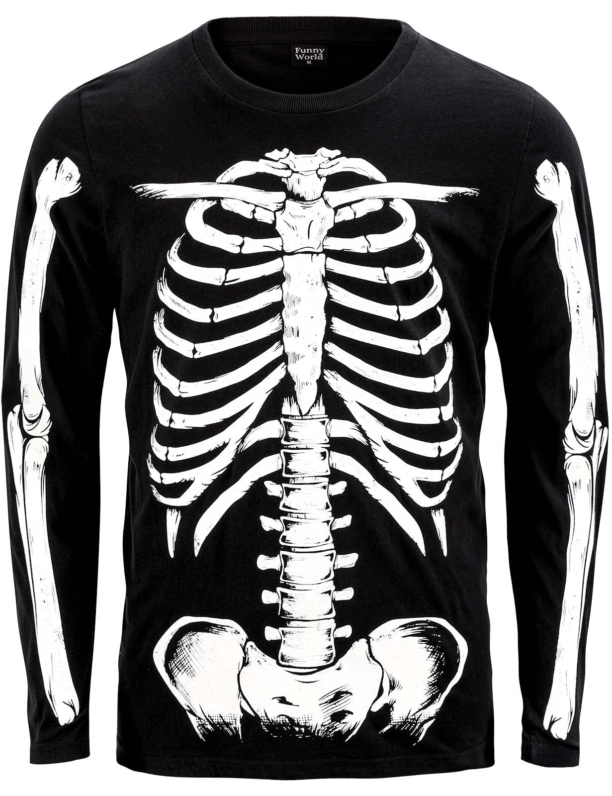 Funny World Glow in The Dark Men's Cotton Long Sleeve Skeleton Halloween T-Shirt, Skeleton Long Sleeves, XXL