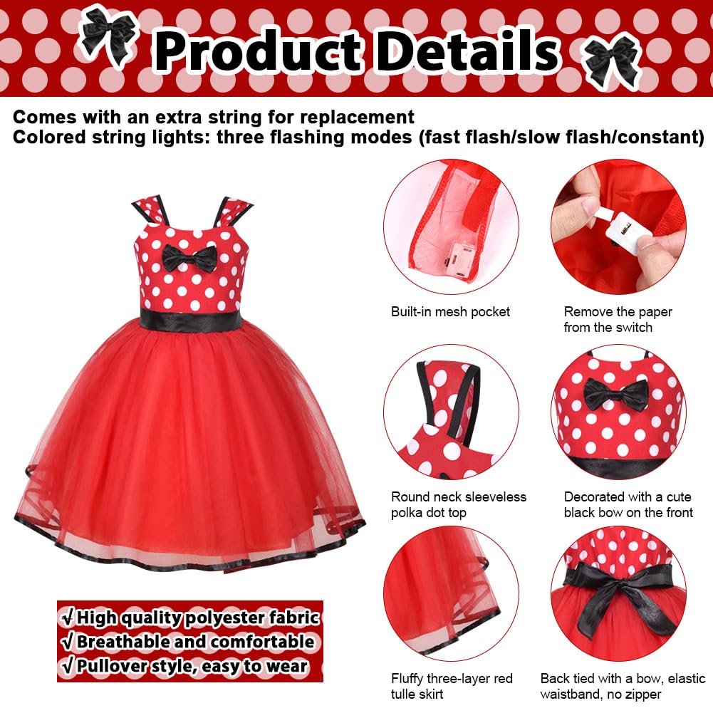 ACWOO Light Up Princess Costumes for Girls, Minnie Princess Costume for Toddler Girl, 4 Minnie Polka dot Fancy Dress Up Costume with Ear Headband, Nose, Tail, Carnival Halloween Birthday Party Cosplay