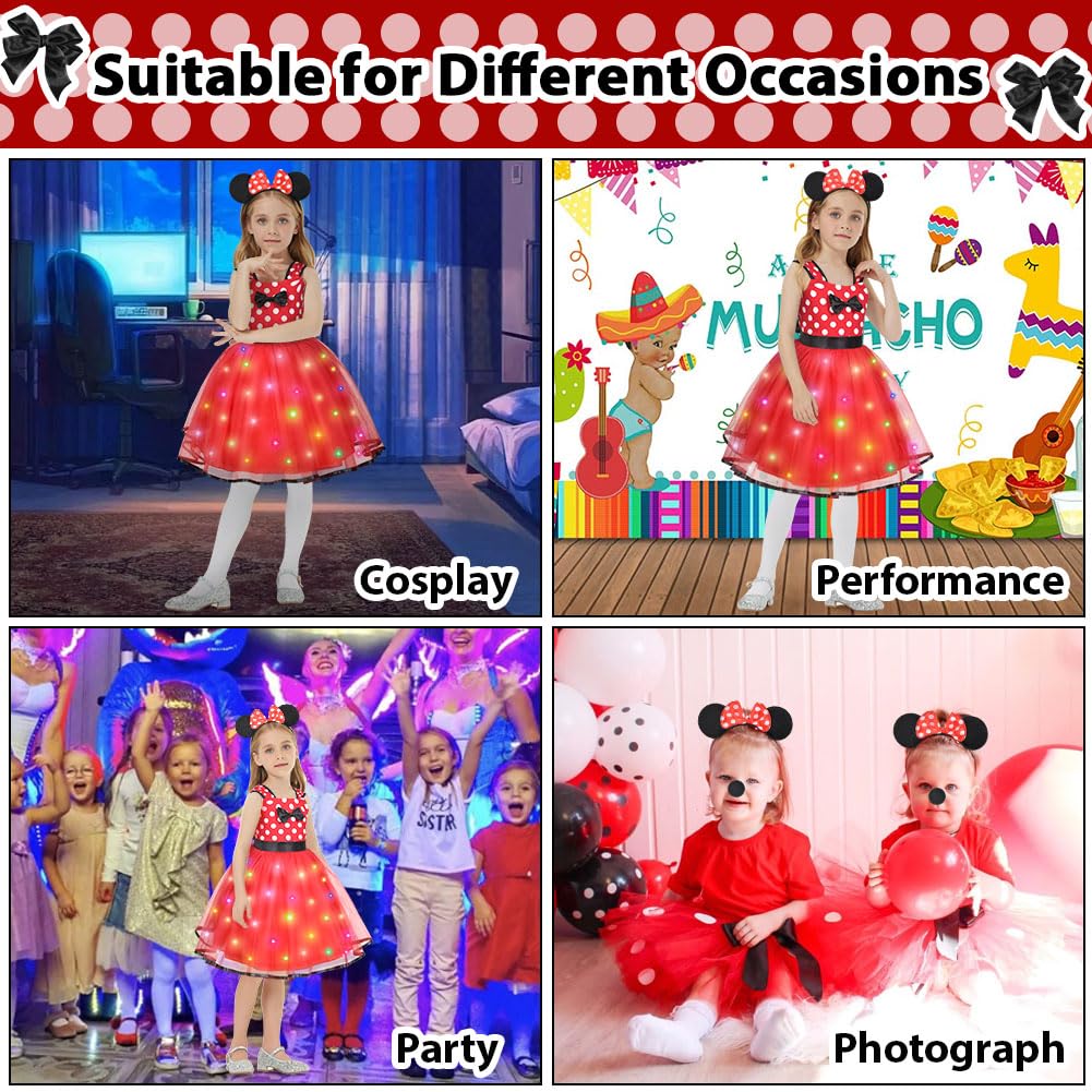 ACWOO Light Up Princess Costumes for Girls, Minnie Princess Costume for Toddler Girl, 4 Minnie Polka dot Fancy Dress Up Costume with Ear Headband, Nose, Tail, Carnival Halloween Birthday Party Cosplay