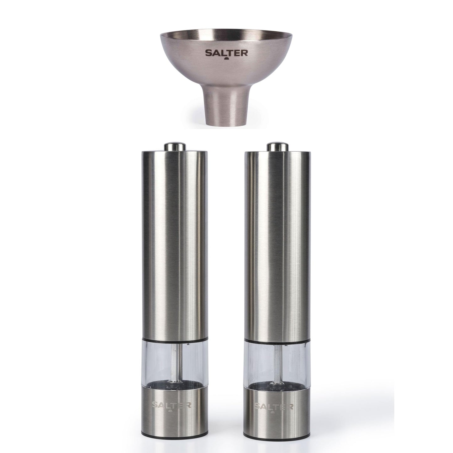 Salter COMBO-9684 Electric Salt & Pepper Grinder Set Stainless Steel Mills & Funnel, Push Button Operation, Battery Powered, Ceramic Mechanism, Adjustable Fine to Coarse Grind, Easy Refill