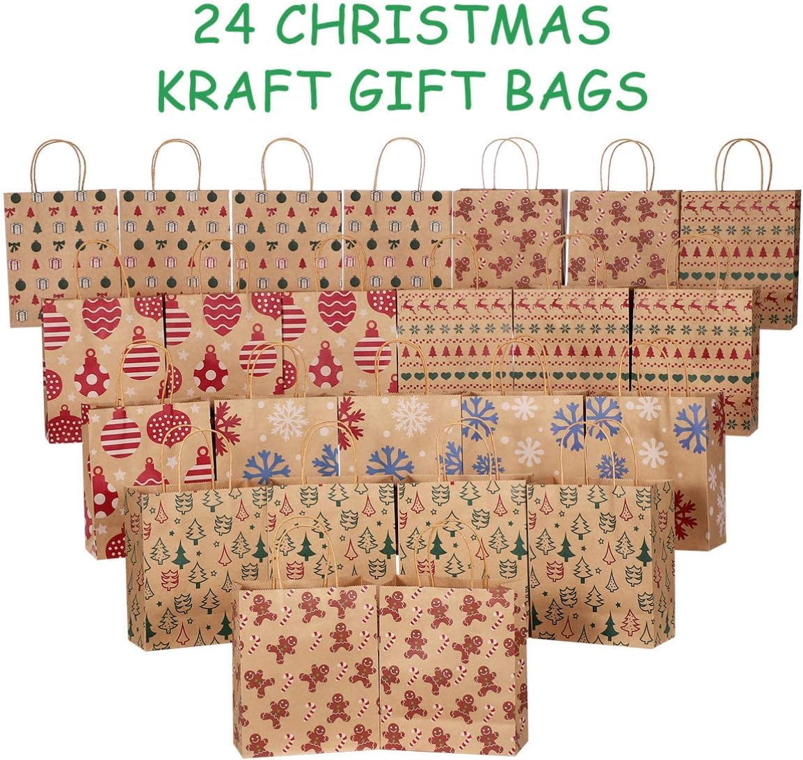24 PCS Kraft Christmas Bags, Cabilock 6 Style Christmas Gift Bags for Presents, Christmas Wrapping Bag Gift Wrap Bags Xmas Present Bags with Handle, Small Paper Christmas Gift Box for Festival Party