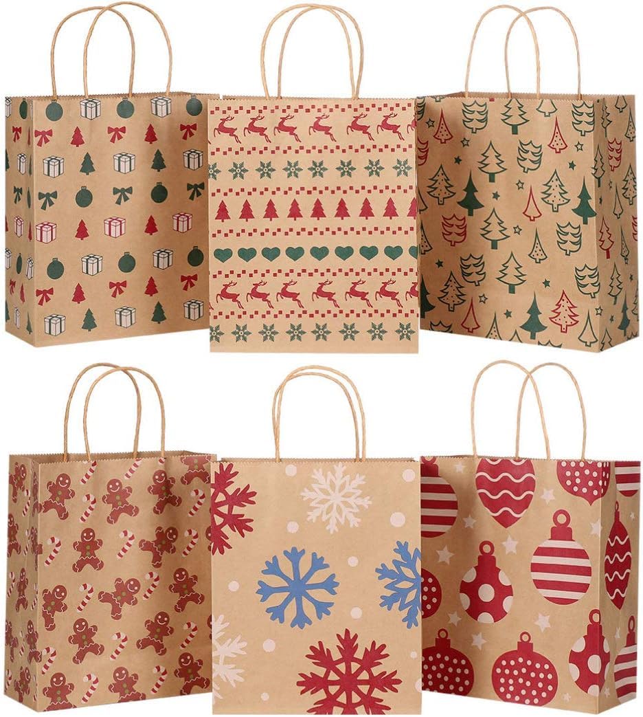 24 PCS Kraft Christmas Bags, Cabilock 6 Style Christmas Gift Bags for Presents, Christmas Wrapping Bag Gift Wrap Bags Xmas Present Bags with Handle, Small Paper Christmas Gift Box for Festival Party