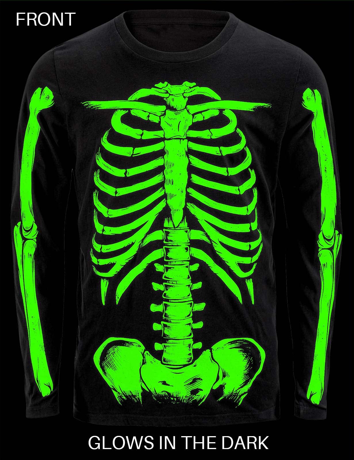 Funny World Glow in The Dark Men's Cotton Long Sleeve Skeleton Halloween T-Shirt, Skeleton Long Sleeves, XXL
