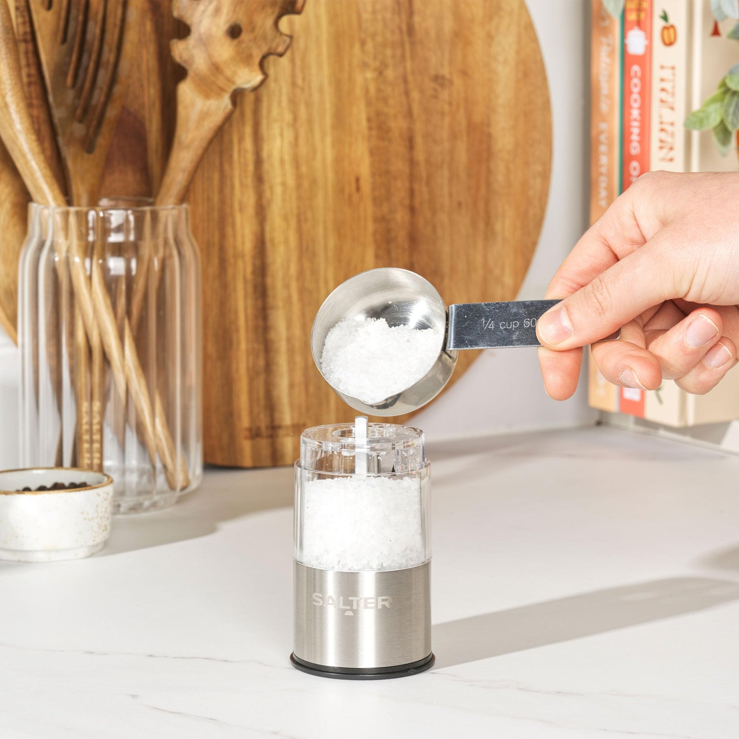 Salter COMBO-9684 Electric Salt & Pepper Grinder Set Stainless Steel Mills & Funnel, Push Button Operation, Battery Powered, Ceramic Mechanism, Adjustable Fine to Coarse Grind, Easy Refill