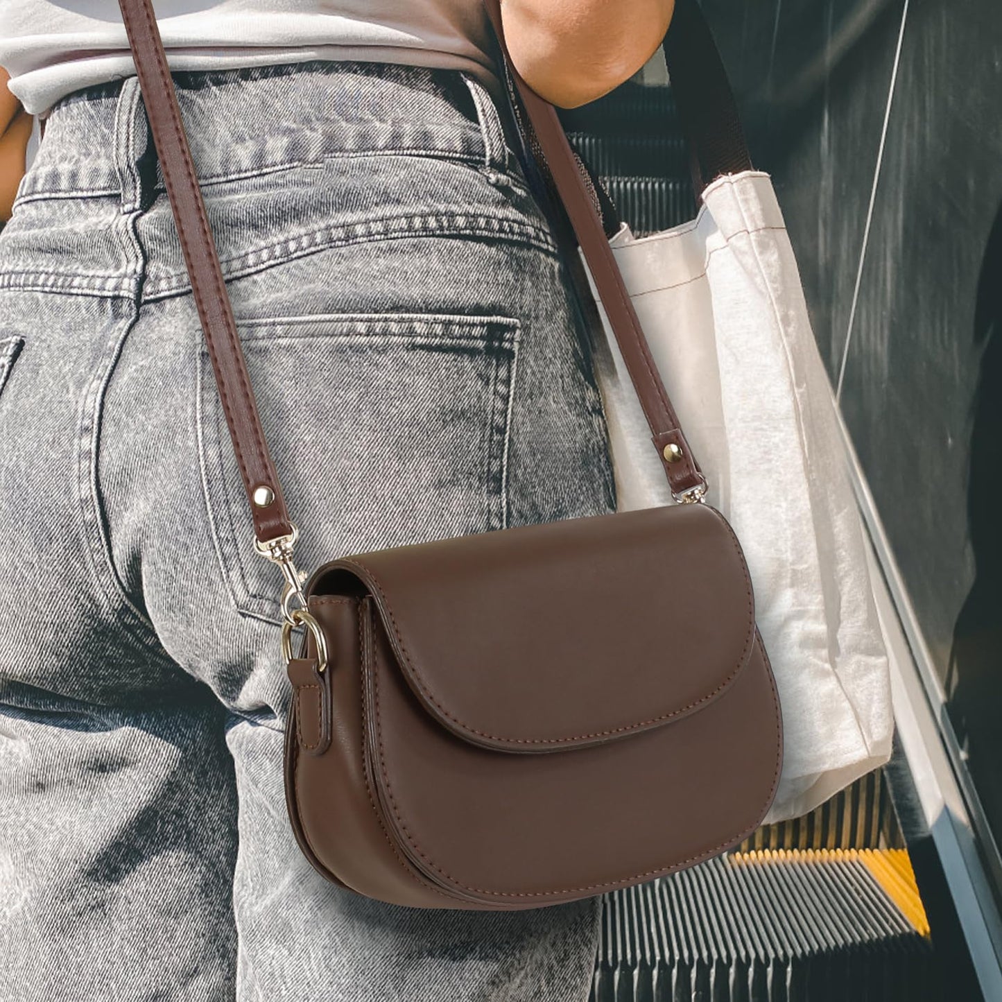 SHINEOFI 46 Inch Leather Straps Replacement Adjustable Purse Extender Crossbody Replacement with Gold Buckles for Handbags Mini Bag Straps, Bag Extension, Brown