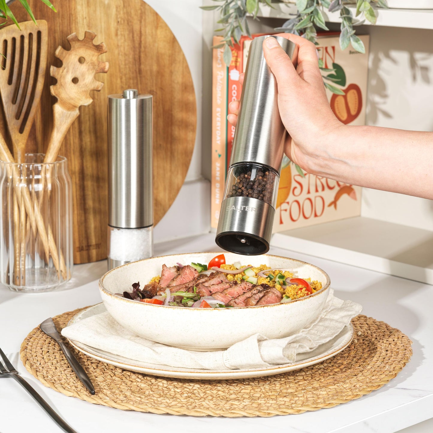 Salter COMBO-9684 Electric Salt & Pepper Grinder Set Stainless Steel Mills & Funnel, Push Button Operation, Battery Powered, Ceramic Mechanism, Adjustable Fine to Coarse Grind, Easy Refill