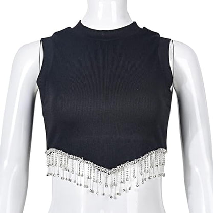Womens Fringe Sexy Tnak Top Tassel Sleeveless Racer Back Crew Neck Cotton Comfort Curvy Fit Hipster Crop Tops for Dancing in Party Club Nightout Cocktail