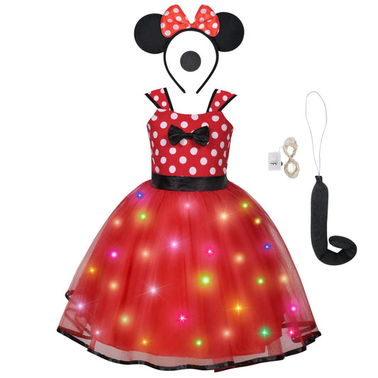 ACWOO Light Up Princess Costumes for Girls, Minnie Princess Costume for Toddler Girl, 4 Minnie Polka dot Fancy Dress Up Costume with Ear Headband, Nose, Tail, Carnival Halloween Birthday Party Cosplay