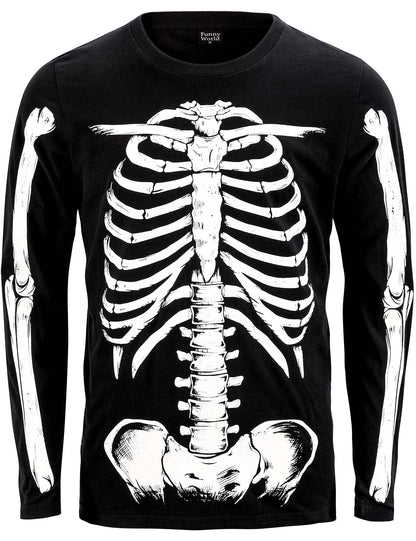 Funny World Glow in The Dark Men's Cotton Long Sleeve Skeleton Halloween T-Shirt, Skeleton Long Sleeves, XXL