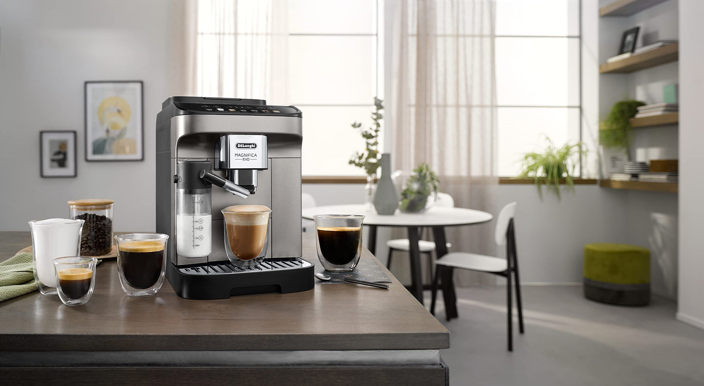 De'Longhi Magnifica Evo ECAM290.83.TB, Fully Automatic Coffee Machine with Milk Frother, Compact Size Bean to Cup Machine, LatteCrema Hot System, 7 Recipes, Soft Touch Colored Display, Black