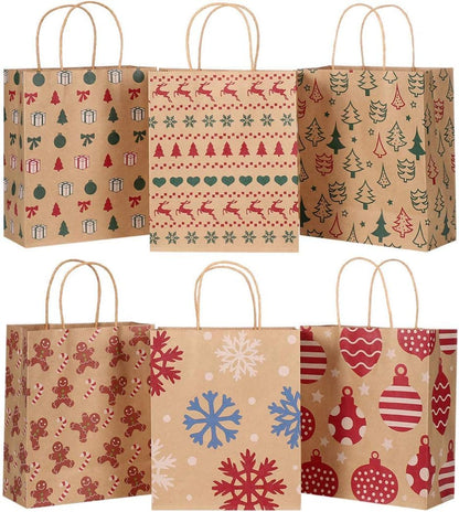 24 PCS Kraft Christmas Bags, Cabilock 6 Style Christmas Gift Bags for Presents, Christmas Wrapping Bag Gift Wrap Bags Xmas Present Bags with Handle, Small Paper Christmas Gift Box for Festival Party
