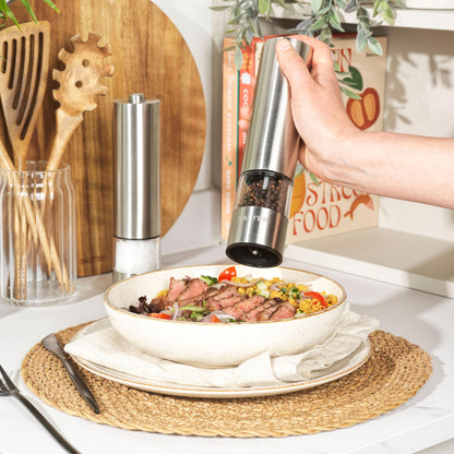 Salter COMBO-9684 Electric Salt & Pepper Grinder Set Stainless Steel Mills & Funnel, Push Button Operation, Battery Powered, Ceramic Mechanism, Adjustable Fine to Coarse Grind, Easy Refill