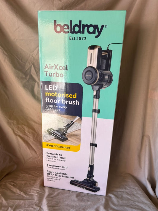 Beldray BEL01625 Airxcel Turbo Vacuum Cleaner - Lightweight Corded Stick Vac, Suction 18 kPa, Wall Mountable, 600ml Dust Container, Crevice Tool & Spare HEPA Filter, Motorised LED Floor Brush, 600W